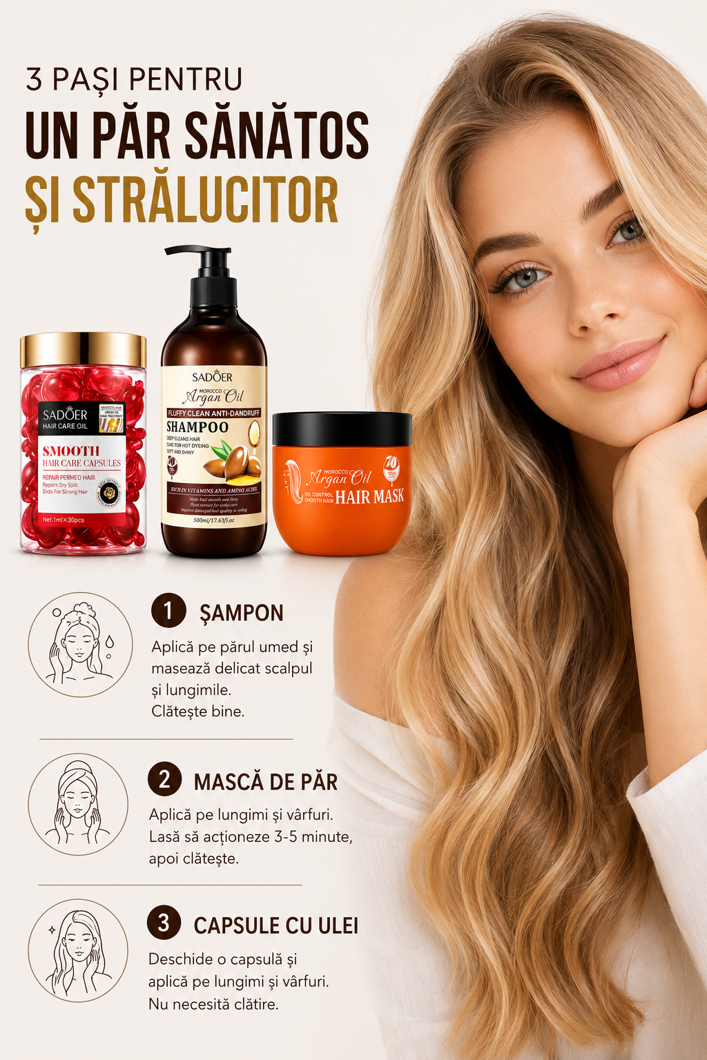 3 pași pentru un păr sănătos și strălucitor - șampon, mască și capsule cu ulei de argan