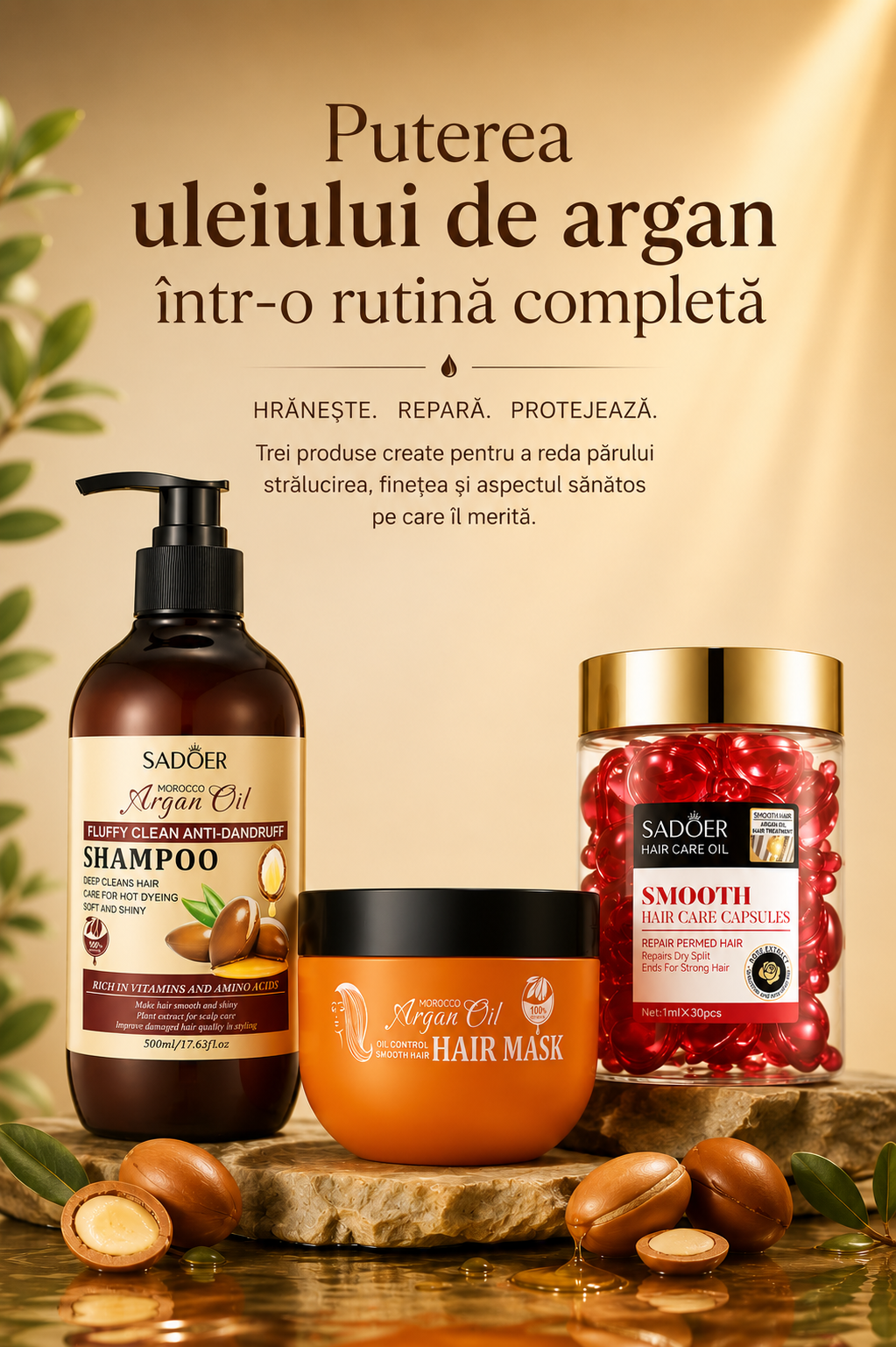 Ritual complet Argan Oil - șampon, mască și capsule cu ulei de argan